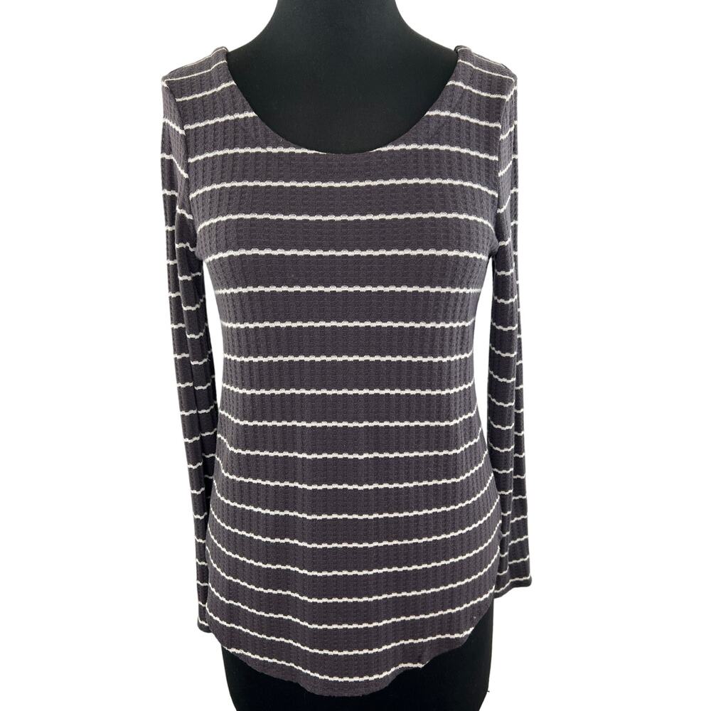 CHASER Gray White Striped Long Sleeve Waffle Knit Women's Top Size S Small